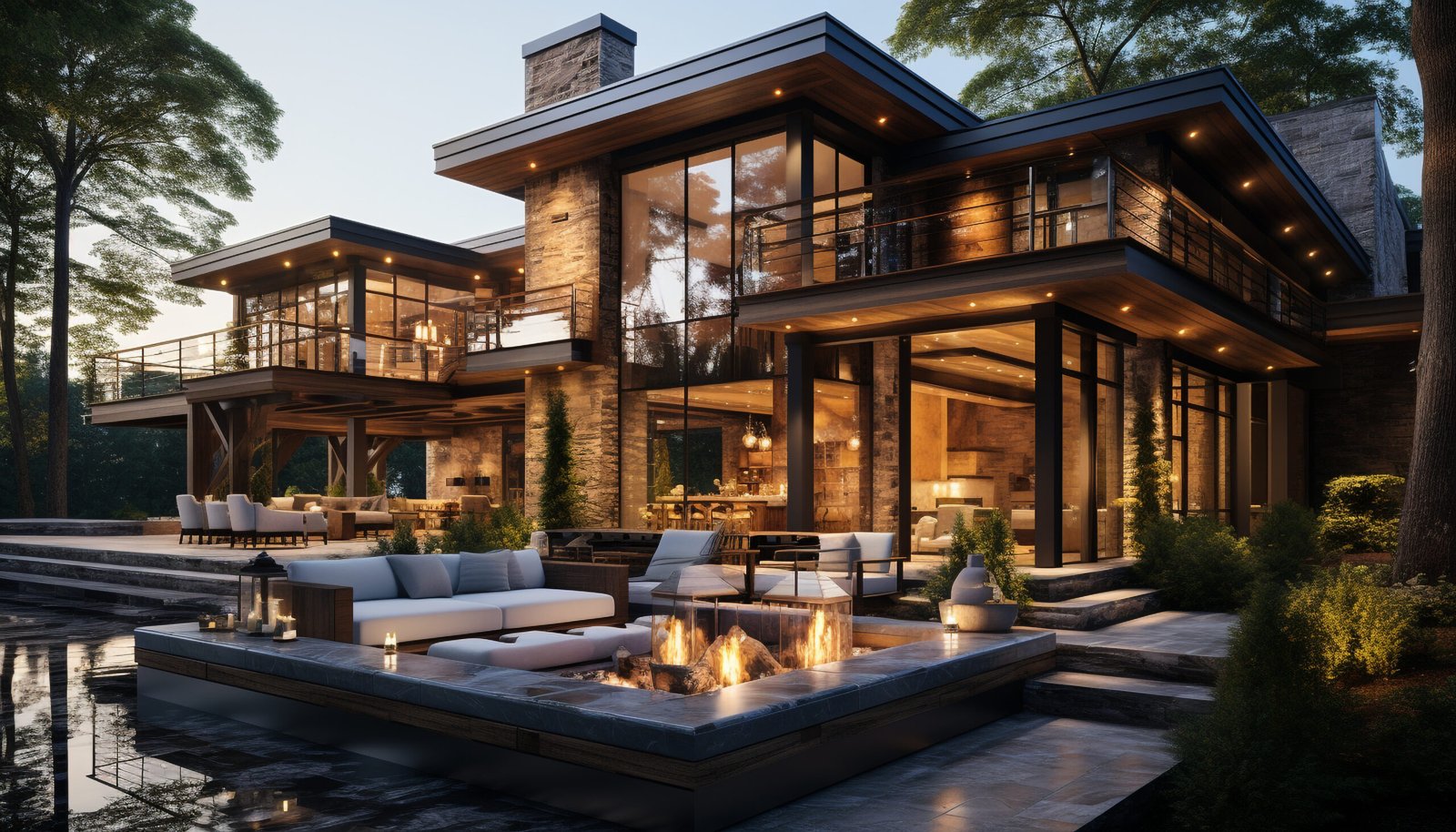 Modern architecture design illuminates comfortable luxury in a wood material home generated by artificial intelligence